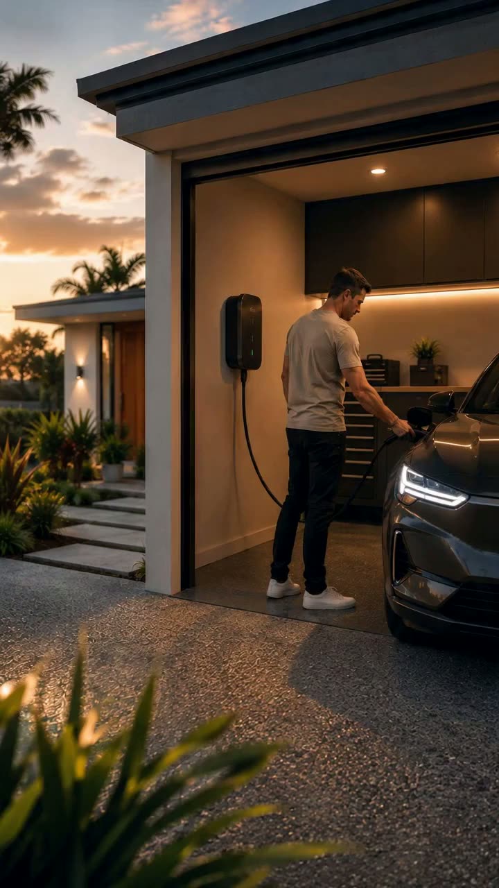 Home EV charger on a Gold Coast home at sunset with an electric car plugged in