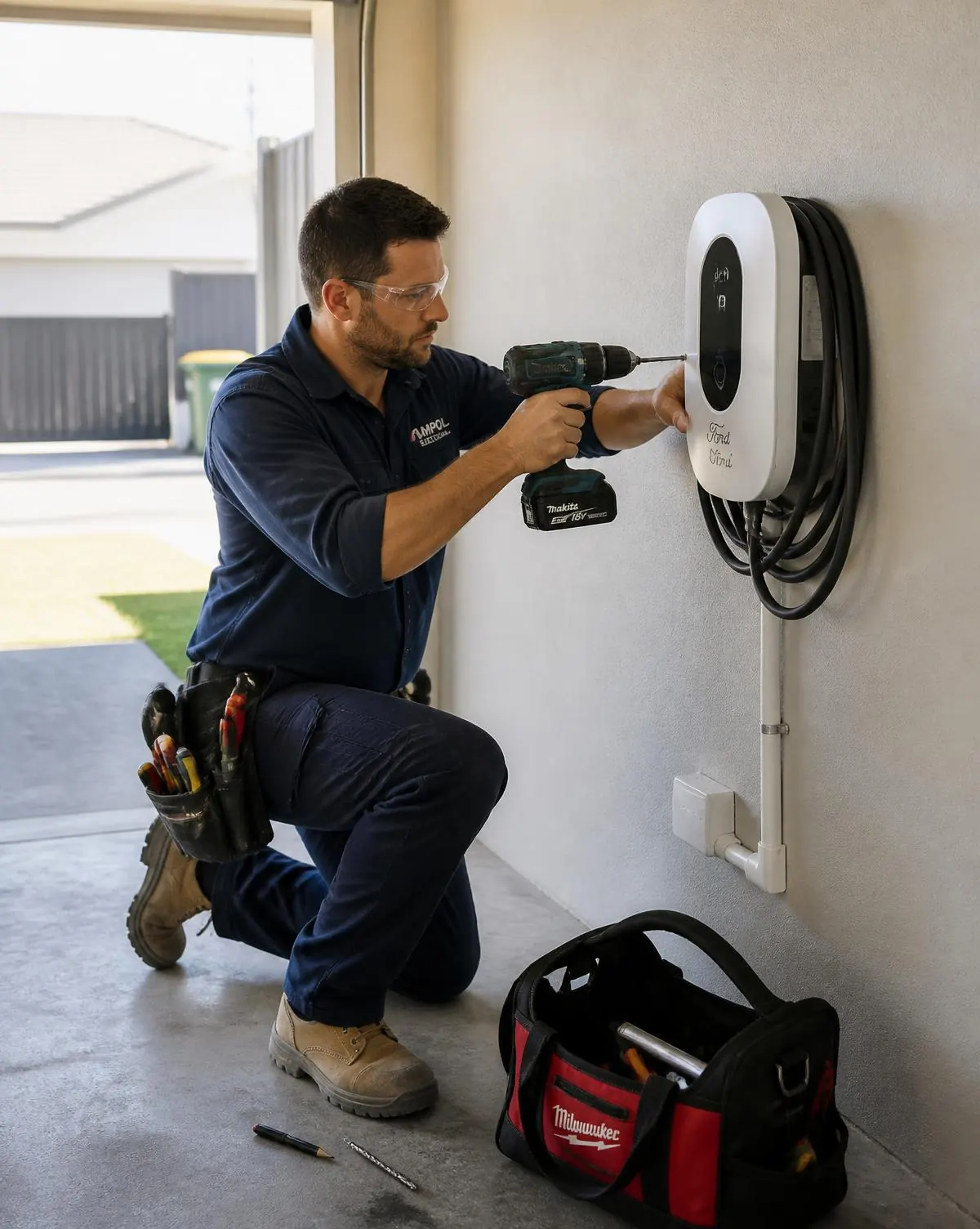 Licensed Gold Coast electrician mounting a wall EV charger in a modern Australian garage