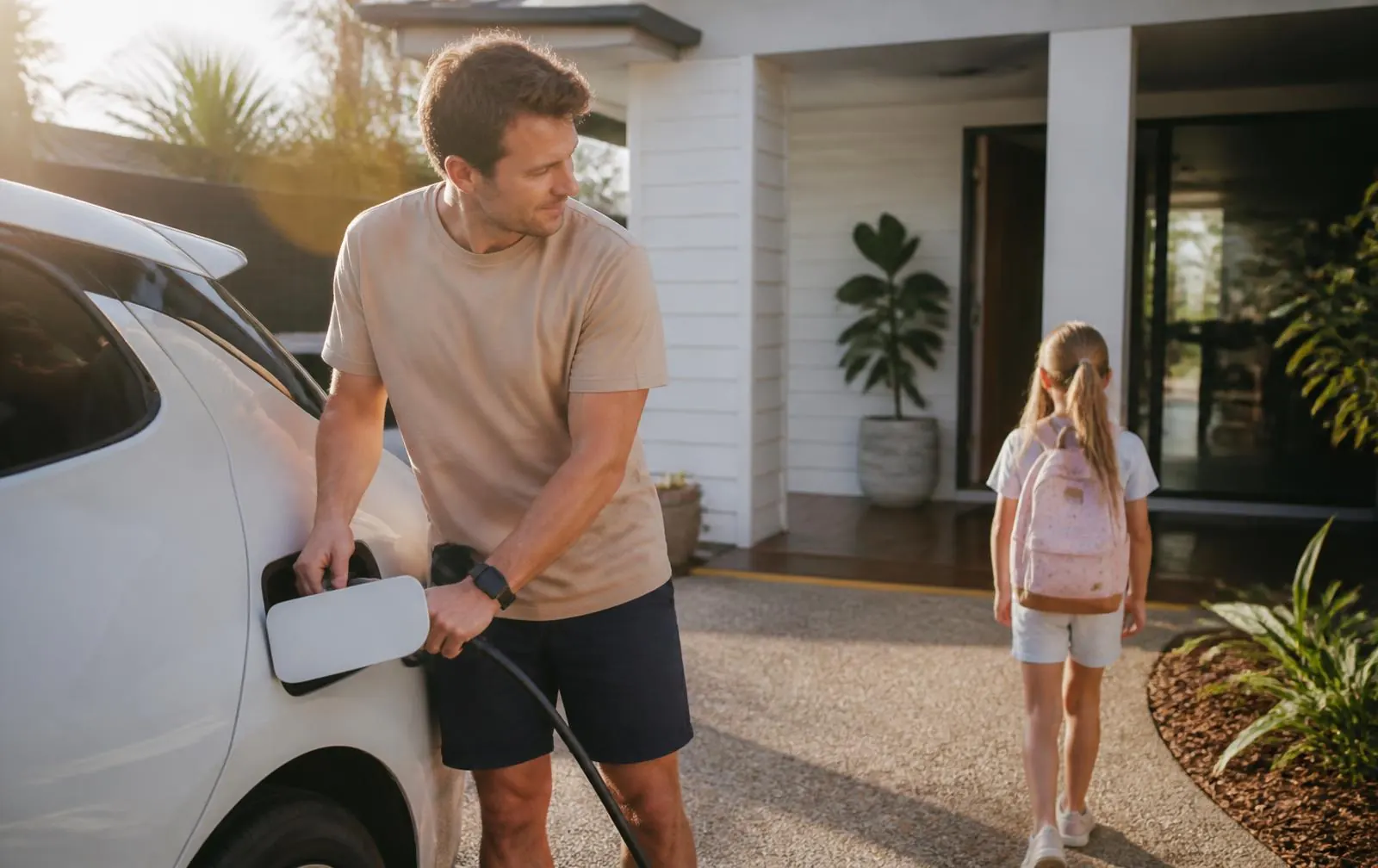 Family arriving home in the afternoon and plugging in their electric car on the Gold Coast