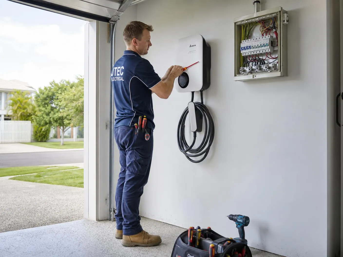 Licensed electrician installing a wall-mounted EV charger in a Gold Coast home garage